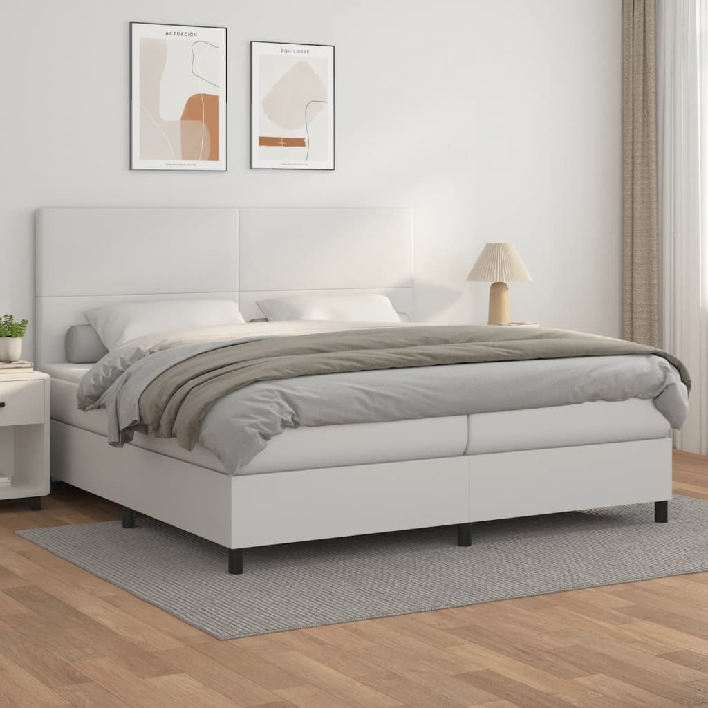 vidaXL Pat box spring cu saltea, alb, 200x200 cm, piele ecologică