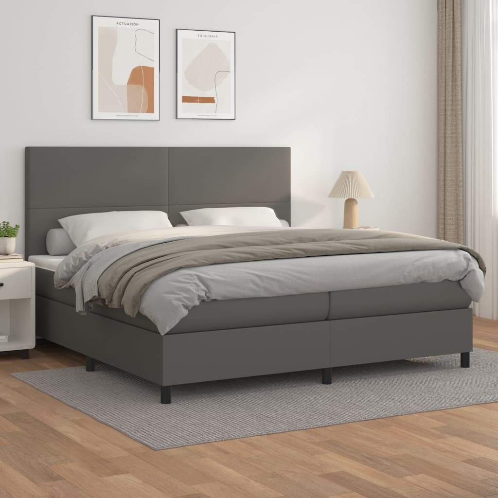 vidaXL Pat box spring cu saltea, gri, 200x200 cm, piele ecologică