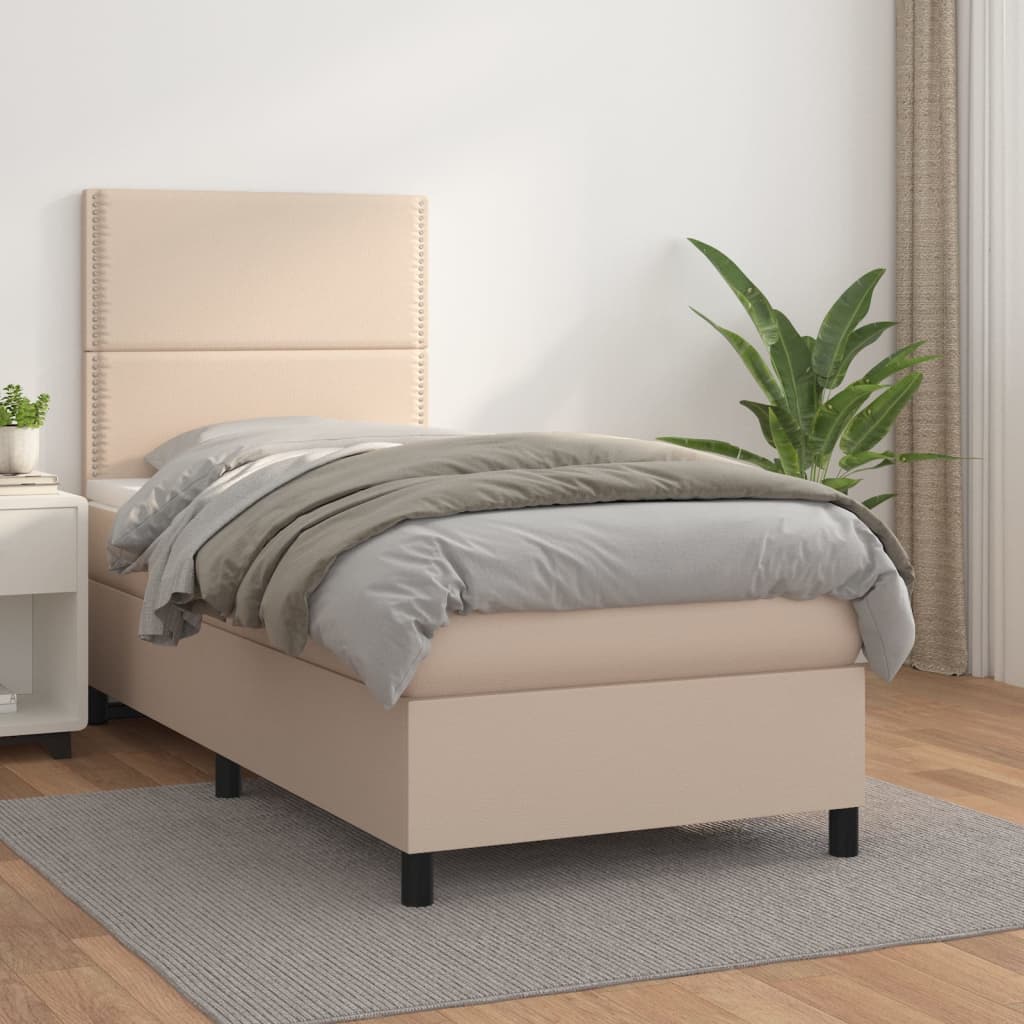 vidaXL Pat box spring cu saltea, cappuccino, 80x200 cm piele ecologică