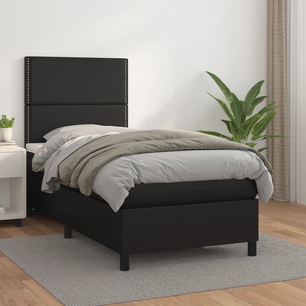 vidaXL Pat box spring cu saltea, negru, 90x190 cm, piele ecologică