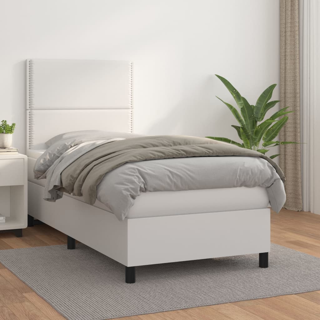 fehér műbőr rugós ágy matraccal 90x190 cm