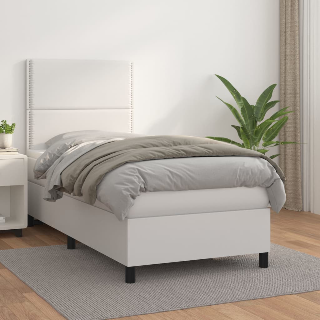 vidaXL Pat box spring cu saltea, alb, 90x190 cm, piele ecologică