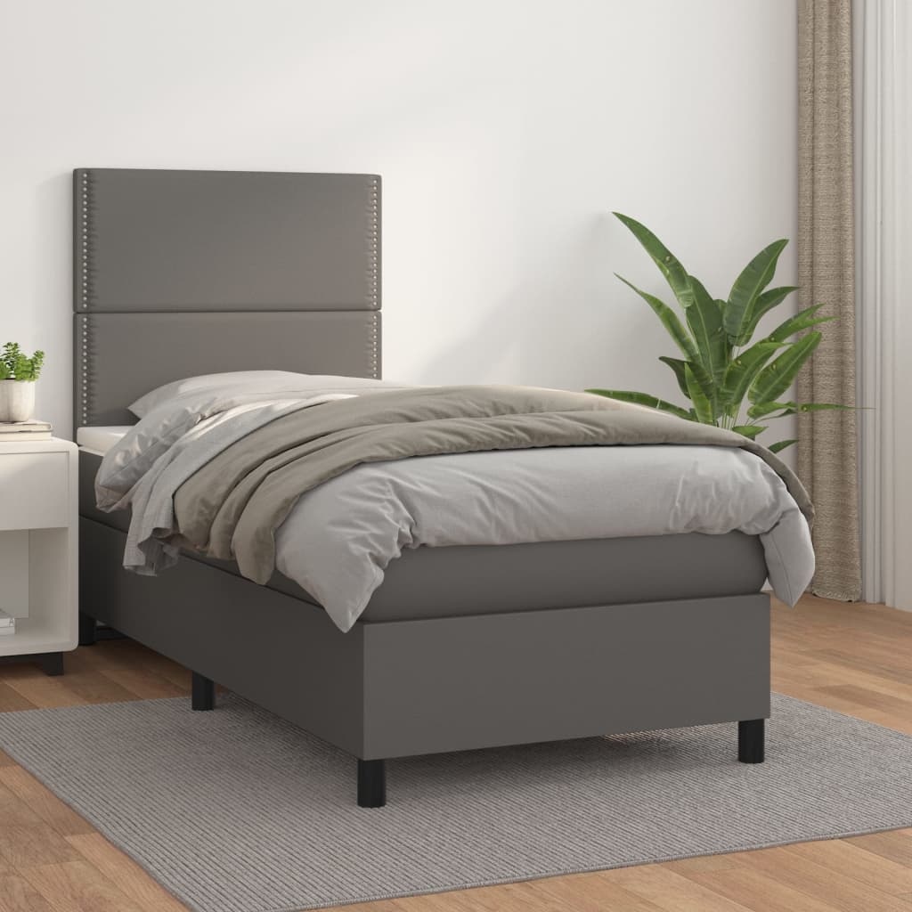 vidaXL Pat box spring cu saltea, gri, 90x190 cm, piele ecologică