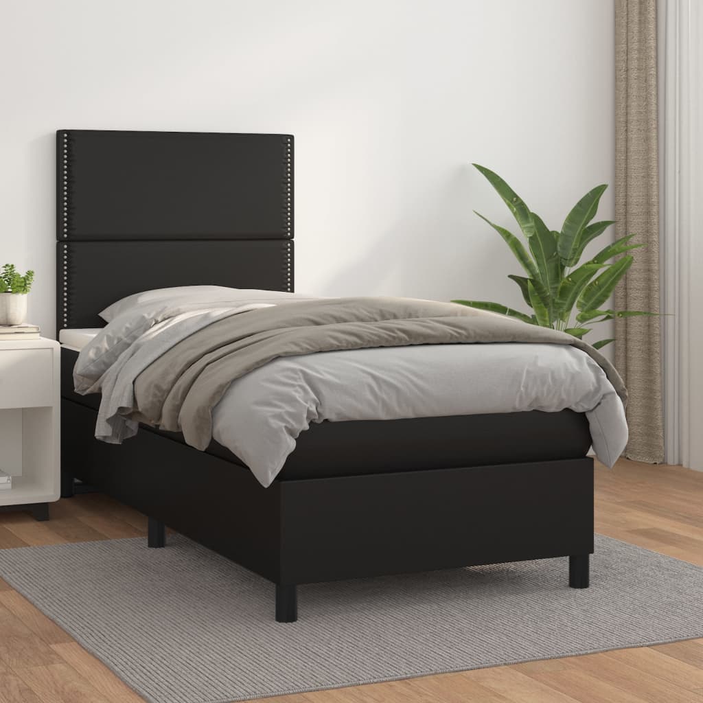 vidaXL Pat box spring cu saltea, negru, 90x200 cm, piele ecologică