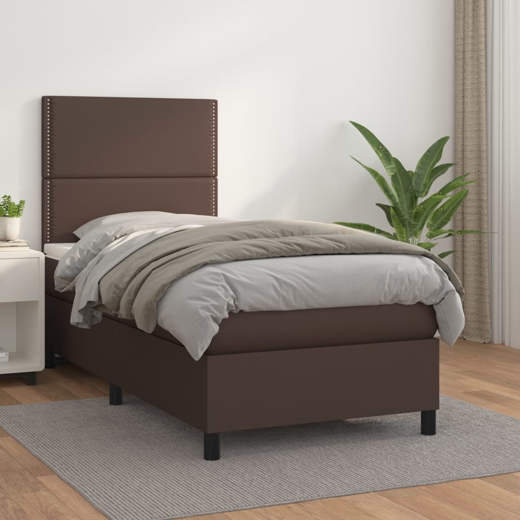 vidaXL Pat box spring cu saltea, maro, 90x200 cm, piele ecologică