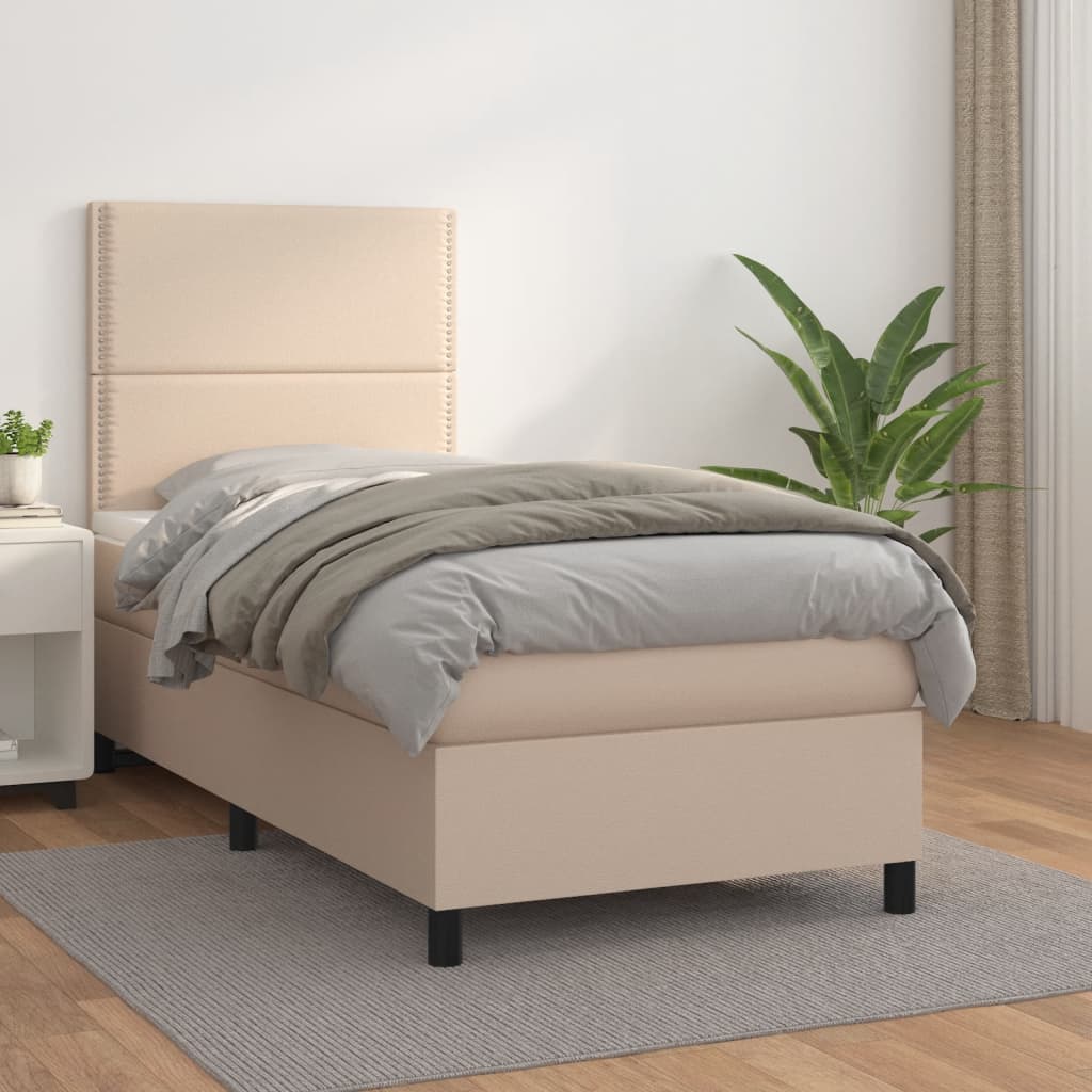 vidaXL Pat box spring cu saltea, cappuccino, 100x200cm piele ecologică