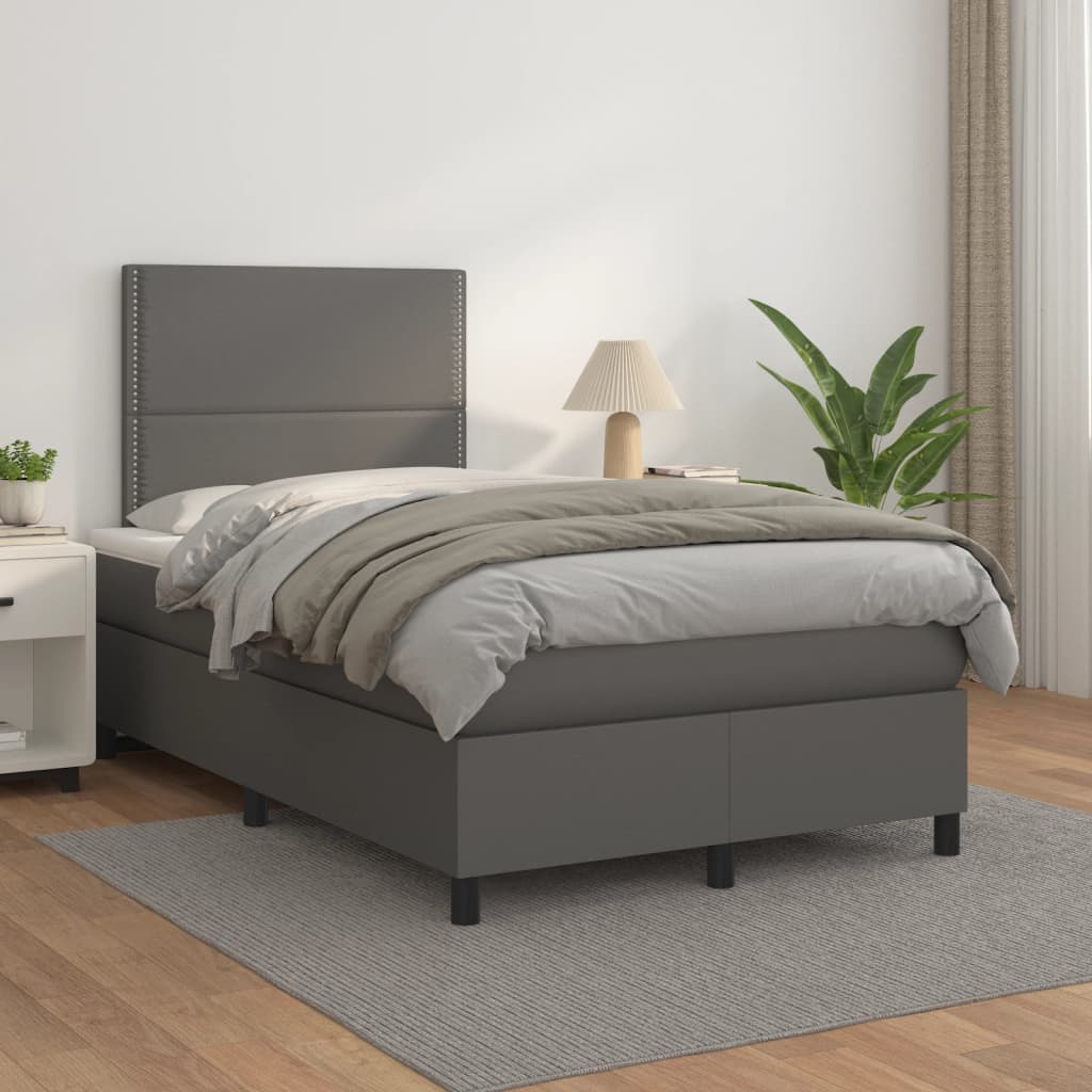 vidaXL Pat box spring cu saltea, gri, 120x200 cm, piele ecologică