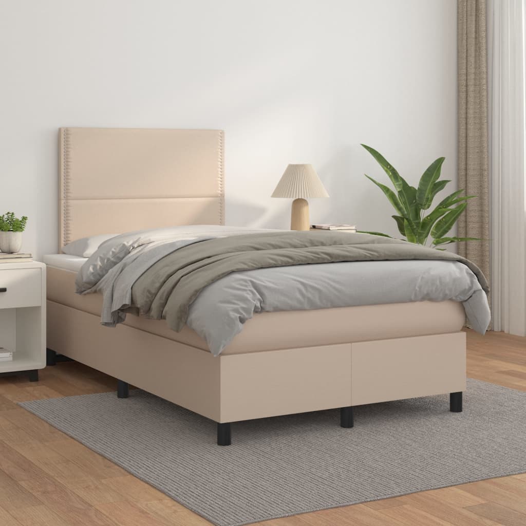 vidaXL Pat box spring cu saltea, cappuccino, 120x200cm piele ecologică