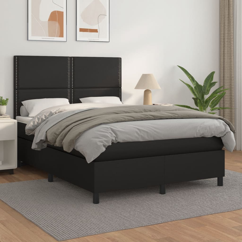 vidaXL Pat box spring cu saltea, negru, 140x190 cm, piele ecologică