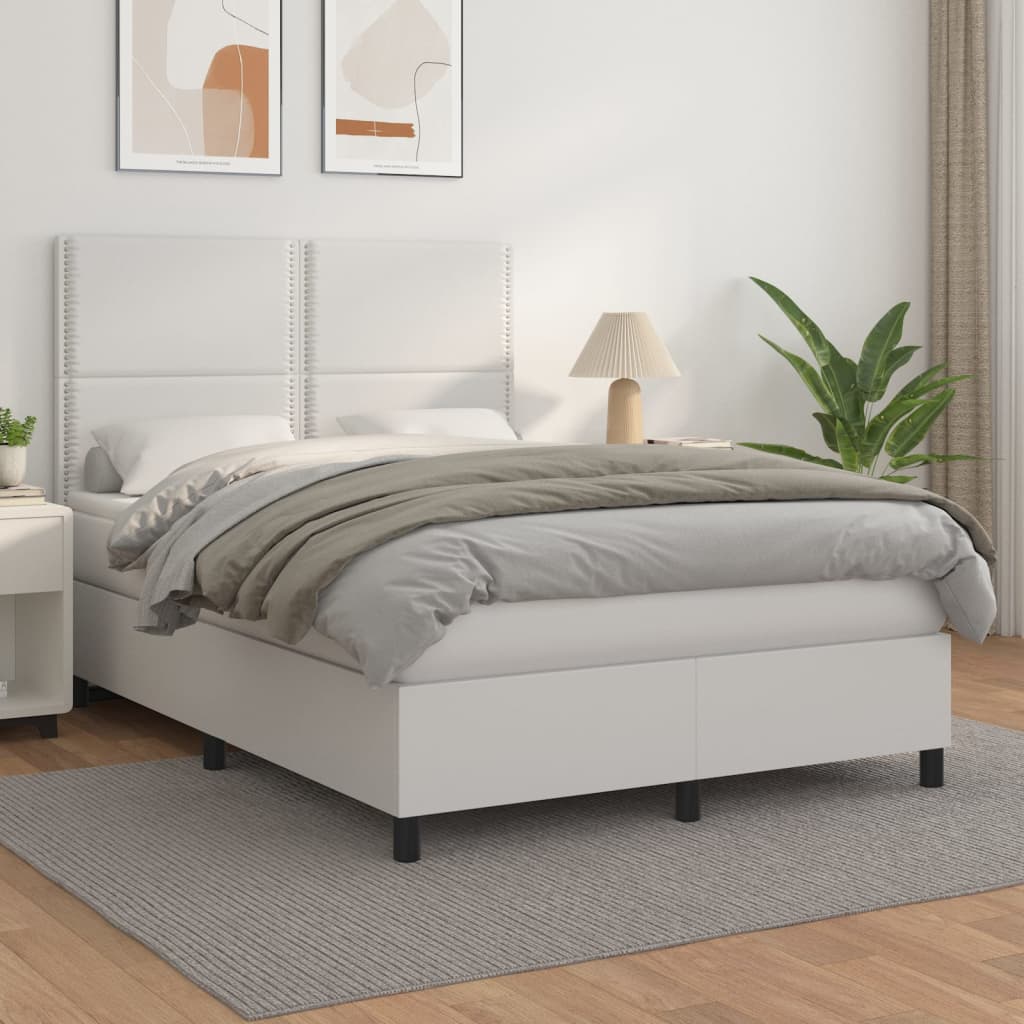 vidaXL Pat box spring cu saltea, alb, 140x190 cm, piele ecologică