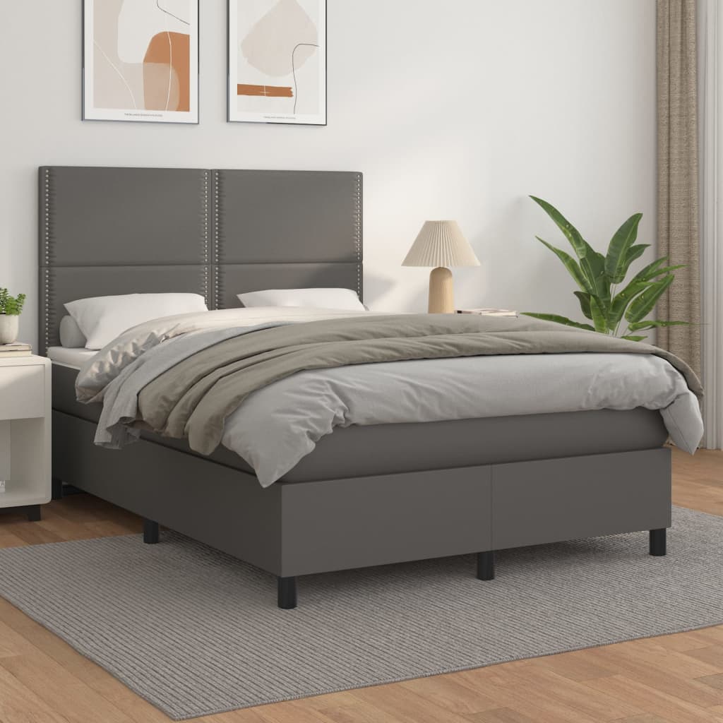 vidaXL Pat box spring cu saltea, gri, 140x190 cm, piele ecologică