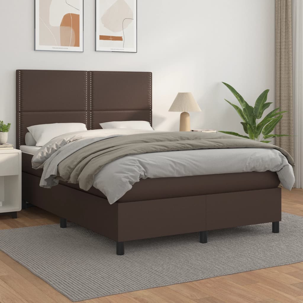 vidaXL Pat box spring cu saltea, maro, 140x200 cm, piele ecologică