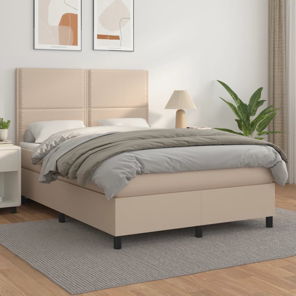 vidaXL Pat box spring cu saltea, cappuccino, 140x200cm piele ecologică