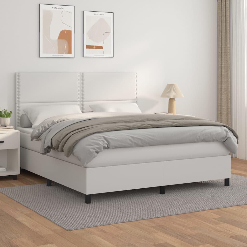 vidaXL Pat box spring cu saltea, alb, 160x200 cm, piele ecologică