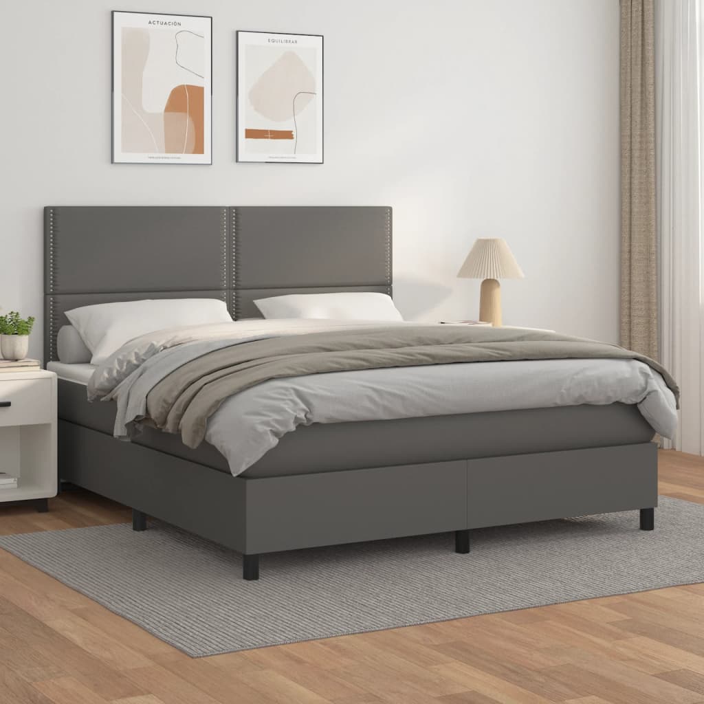 vidaXL Pat box spring cu saltea, gri, 160x200 cm, piele ecologică