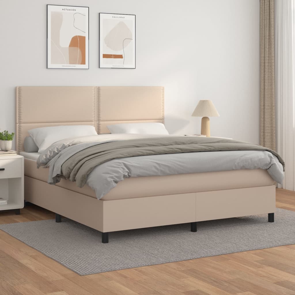 vidaXL Pat box spring cu saltea, cappuccino, 160x200cm piele ecologică