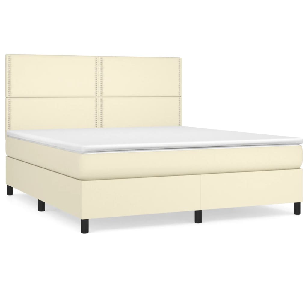 Pat box spring cu saltea, crem, 180x200 cm, piele ecologică