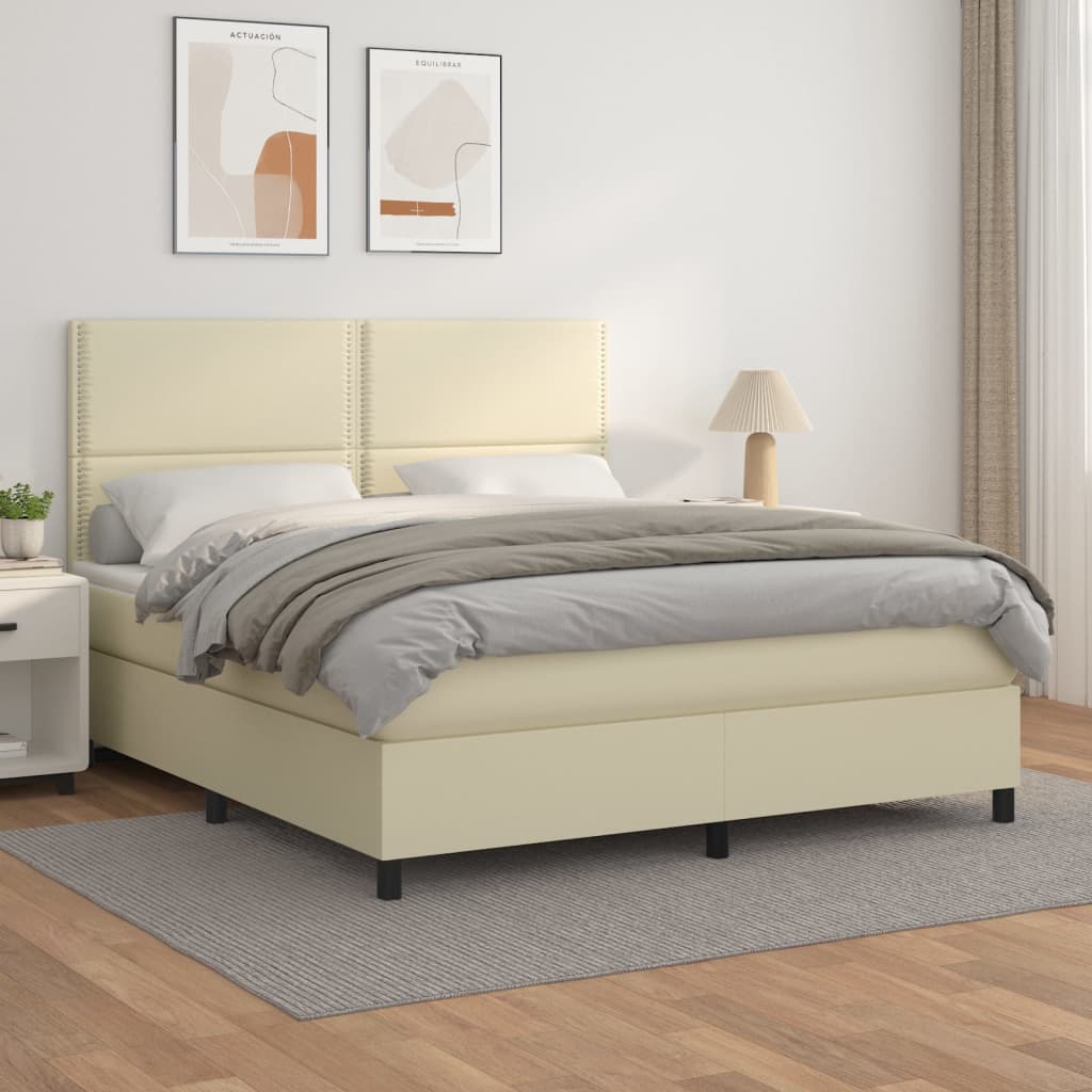 Pat box spring cu saltea, crem, 180x200 cm, piele ecologică