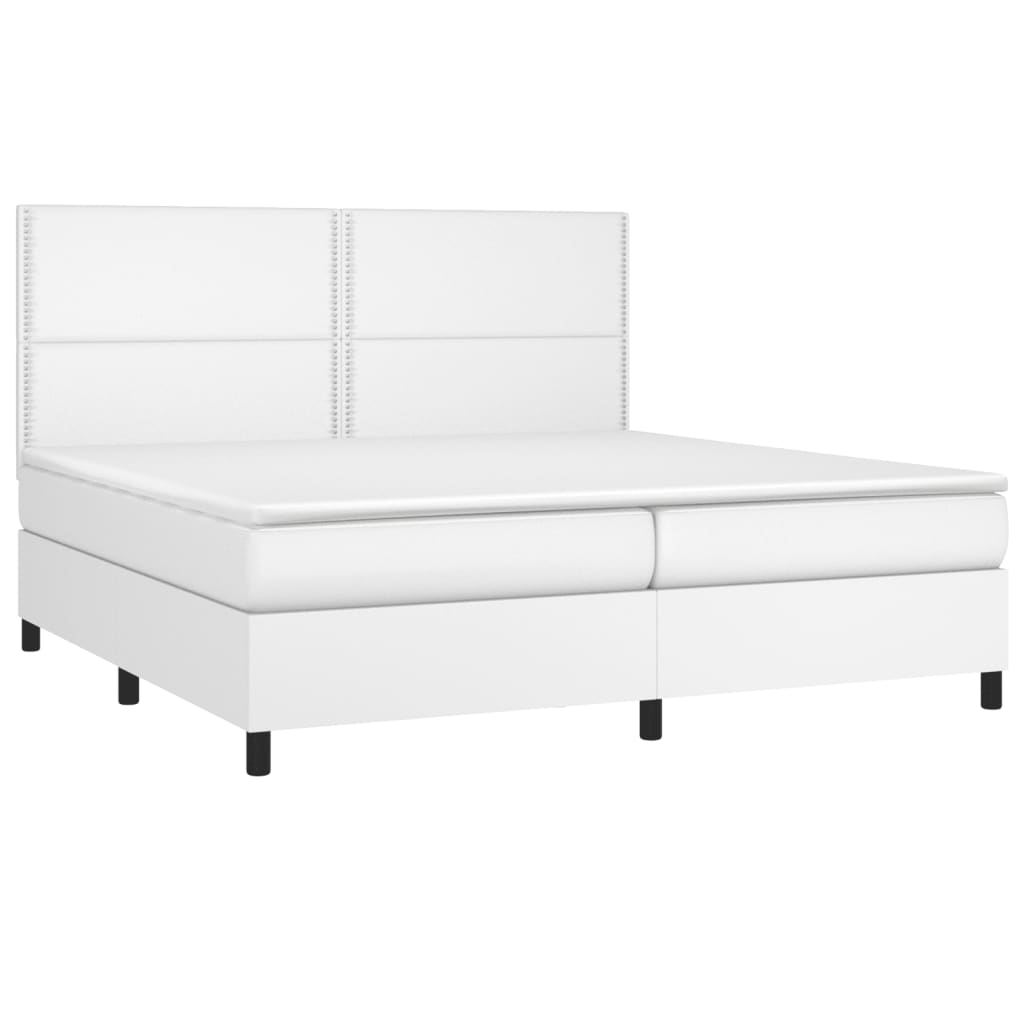 Pat box spring cu saltea, alb, 200x200 cm, piele ecologică