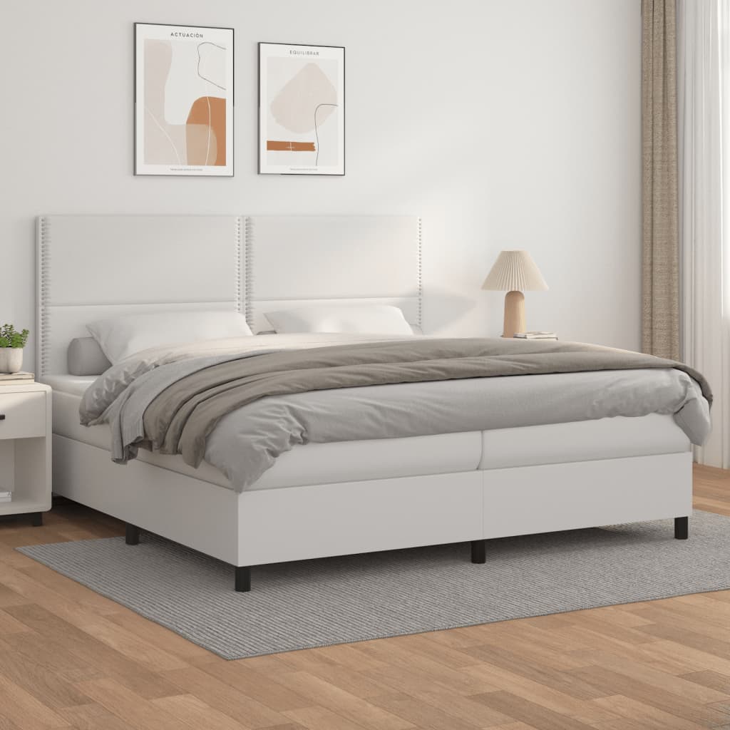 vidaXL Pat box spring cu saltea, alb, 200x200 cm, piele ecologică