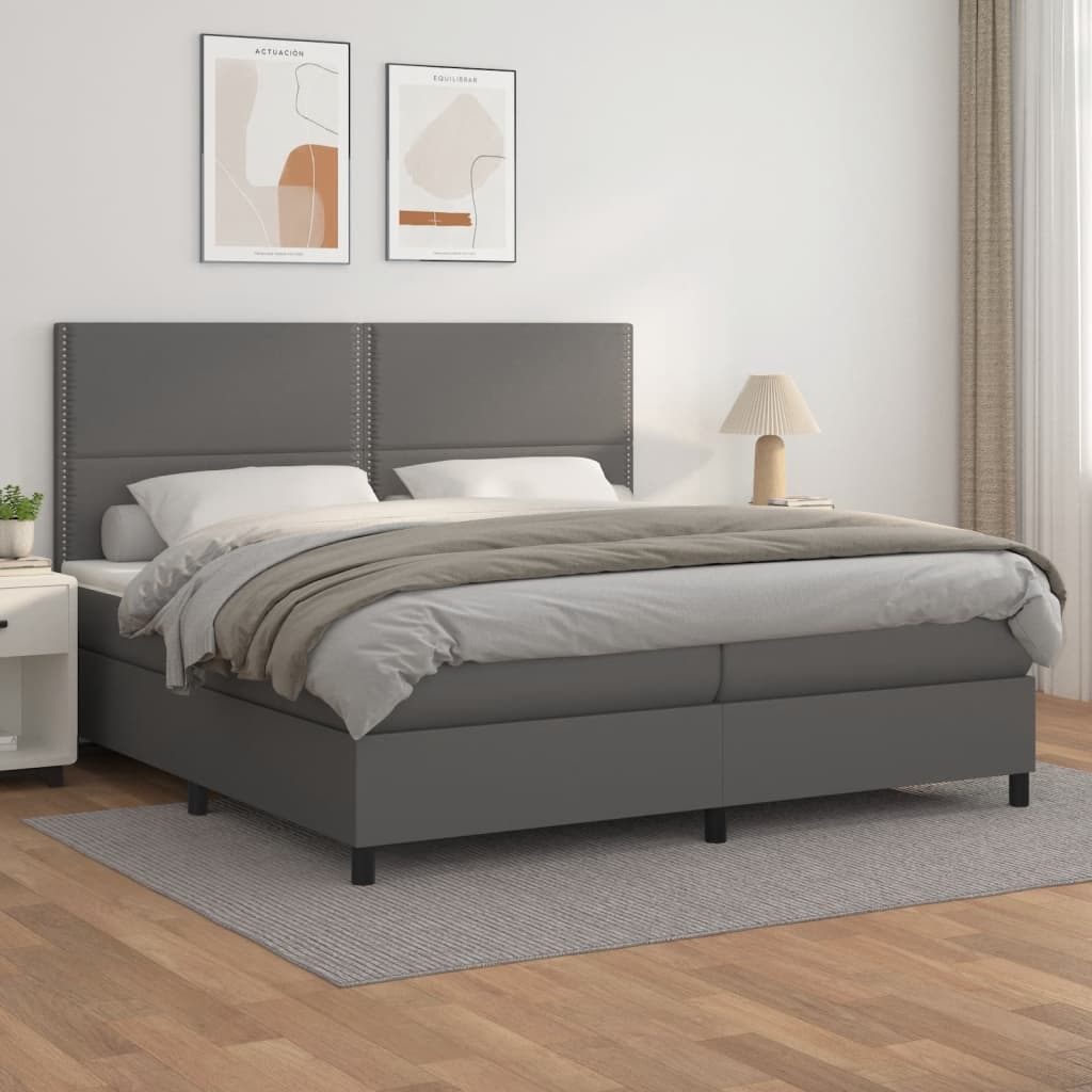 vidaXL Pat box spring cu saltea, gri, 200x200 cm, piele ecologică