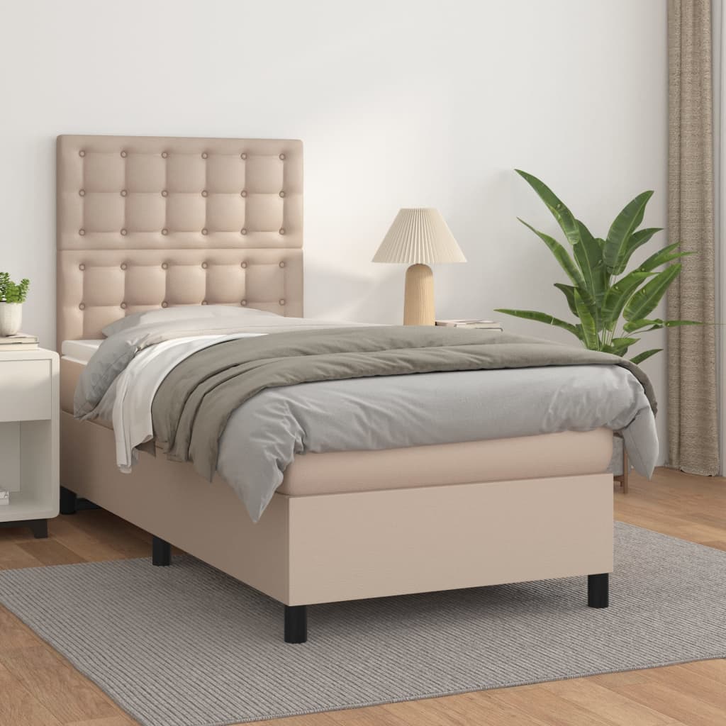 vidaXL Pat box spring cu saltea, cappuccino, 80x200 cm piele ecologică