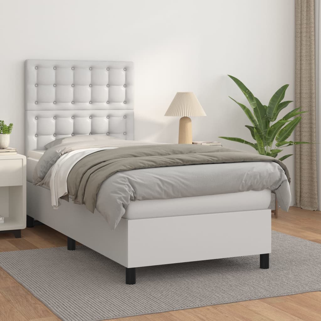 vidaXL Pat box spring cu saltea, alb, 90x190 cm, piele ecologică