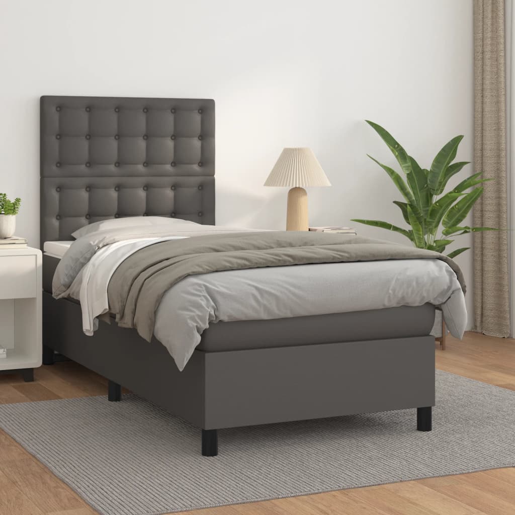 vidaXL Pat box spring cu saltea, gri, 90x190 cm, piele ecologică