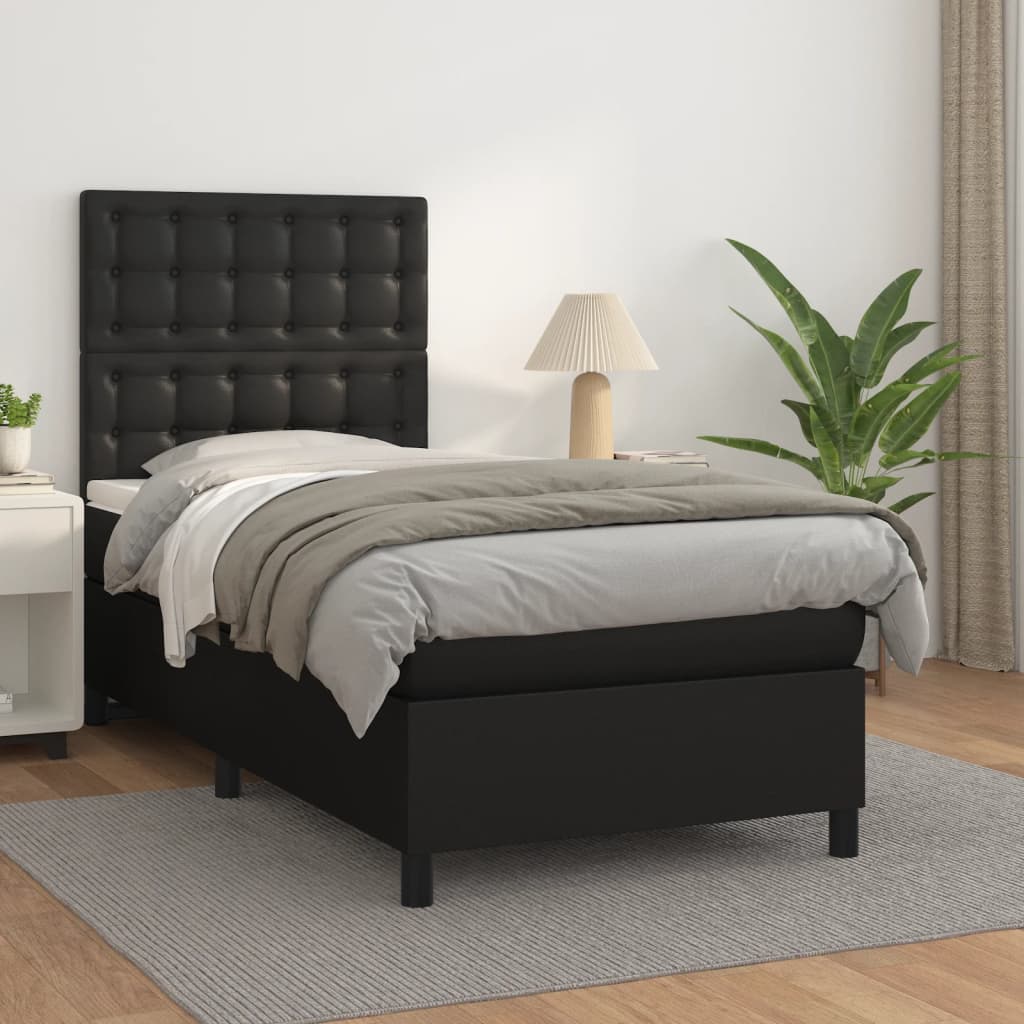 vidaXL Pat box spring cu saltea, negru, 90x200 cm, piele ecologică