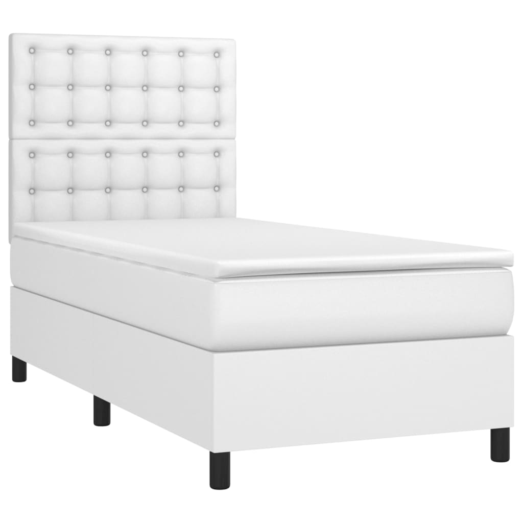 Pat box spring cu saltea, alb, 90x200 cm, piele ecologică