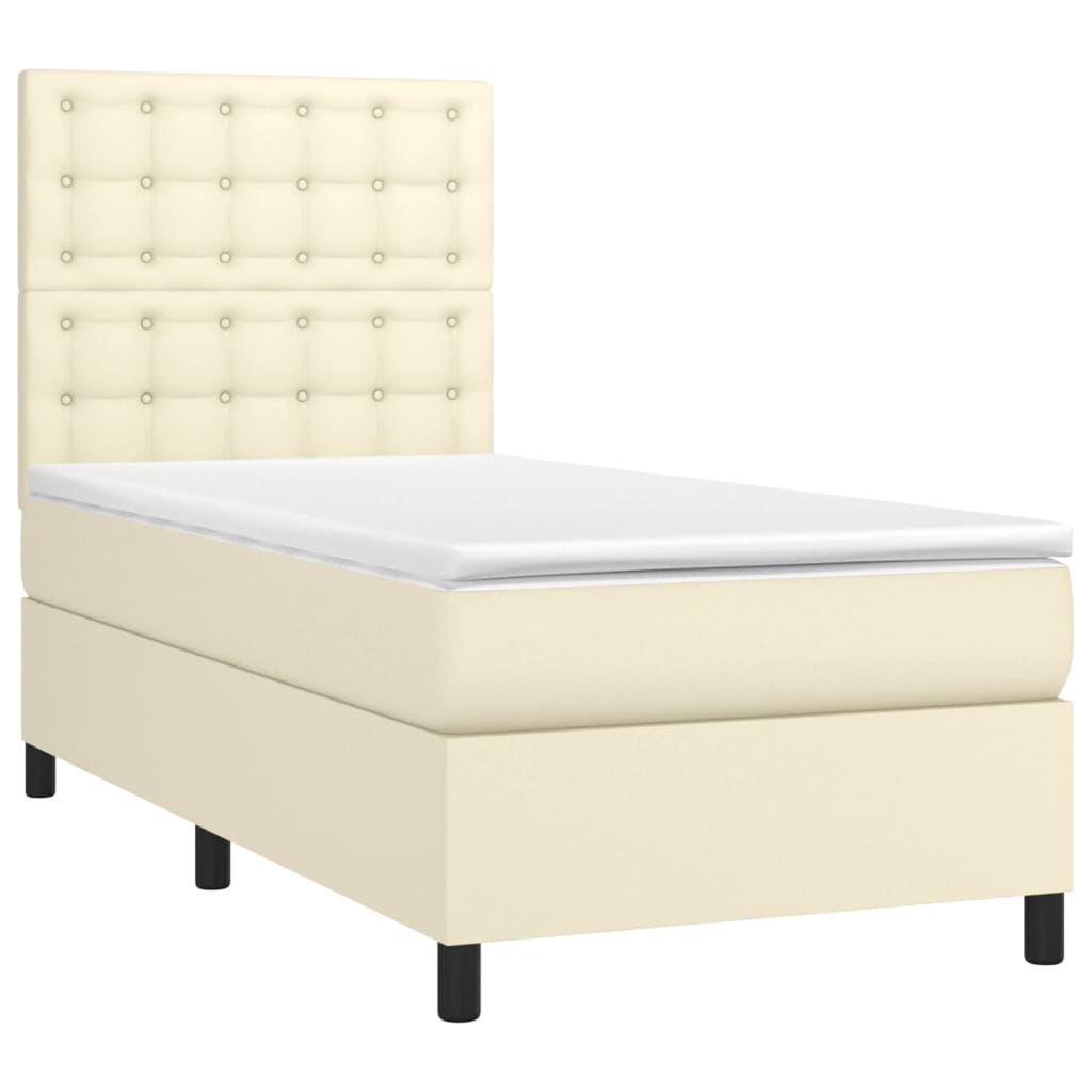 Pat box spring cu saltea, crem, 90x200 cm, piele ecologică