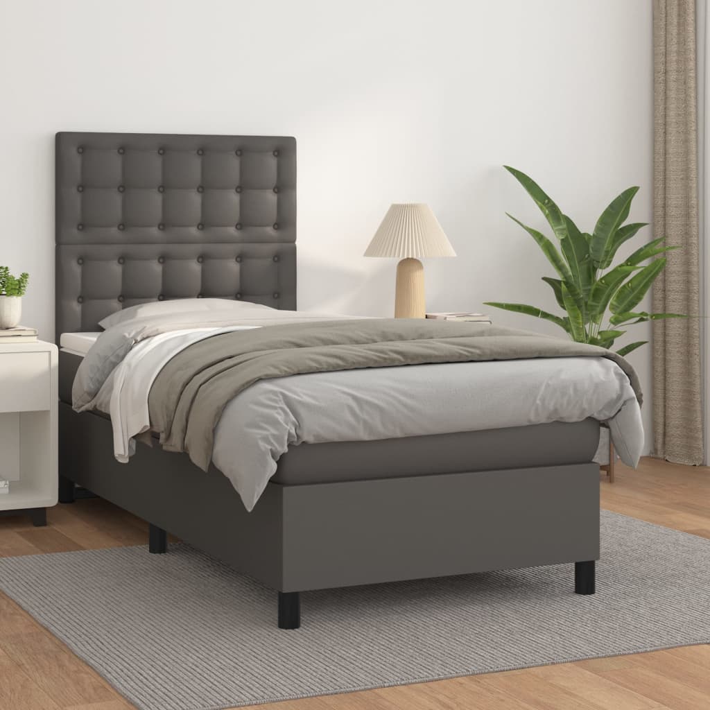 vidaXL Pat box spring cu saltea, gri, 90x200 cm, piele ecologică