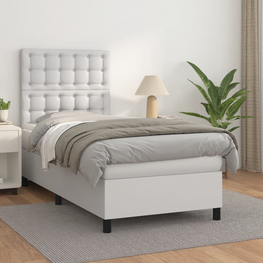 Pat box spring cu saltea, alb, 100x200 cm, piele ecologică