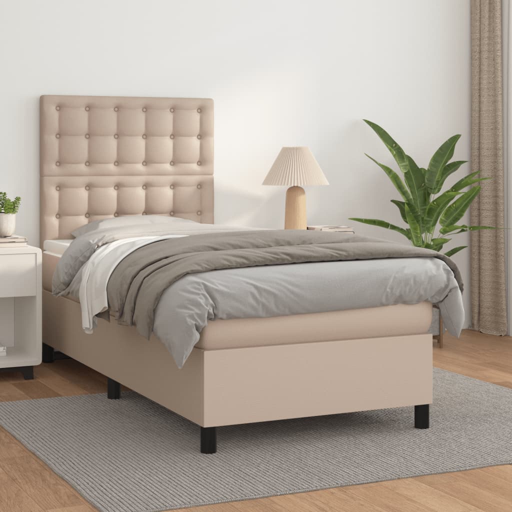 vidaXL Pat box spring cu saltea, cappuccino, 100x200cm piele ecologică