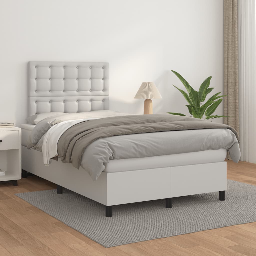 vidaXL Pat box spring cu saltea, alb, 120x200 cm, piele ecologică