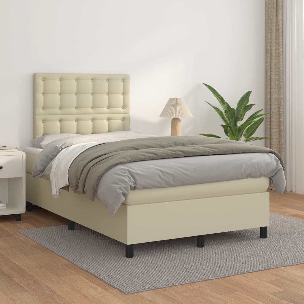 vidaXL Pat box spring cu saltea, crem, 120x200 cm, piele ecologică