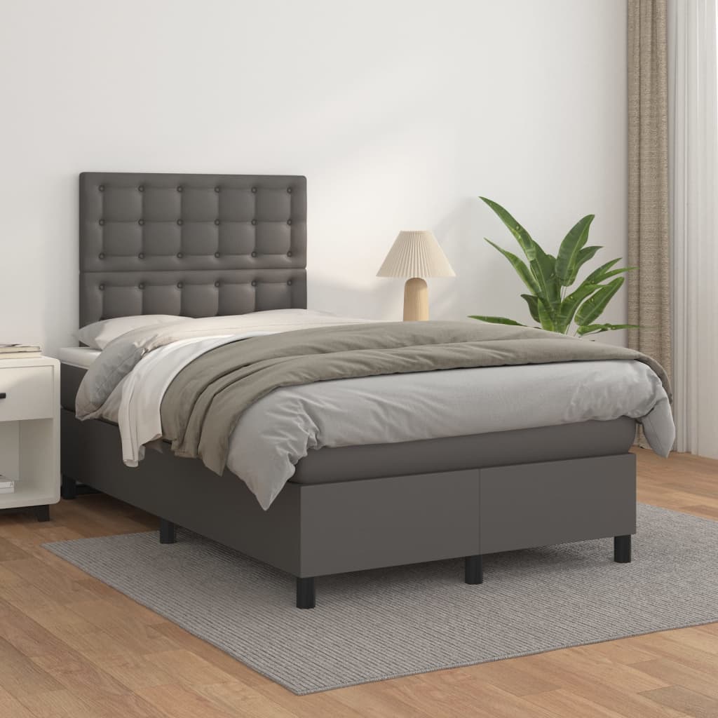 vidaXL Pat box spring cu saltea, gri, 120x200 cm, piele ecologică