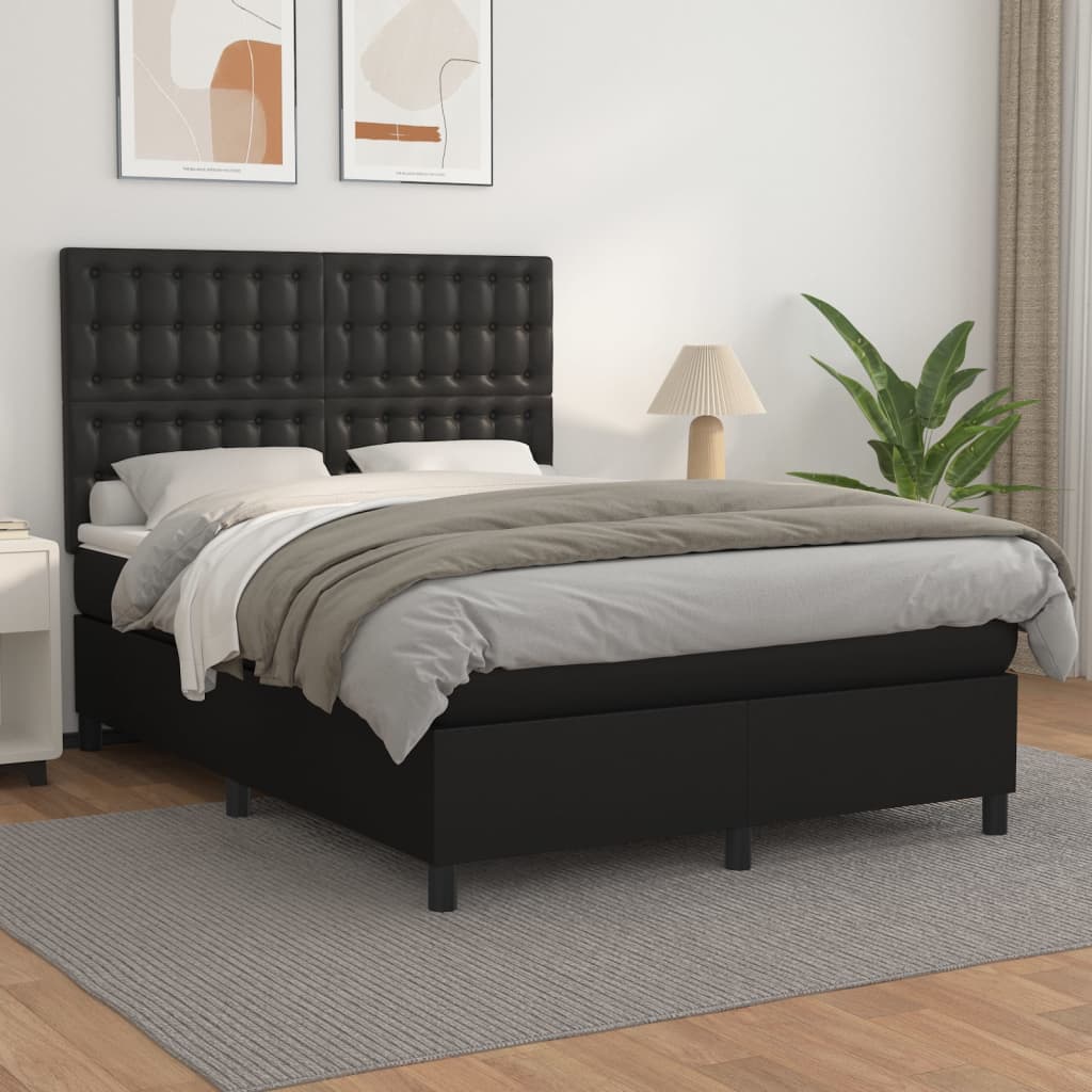 vidaXL Pat box spring cu saltea, negru, 140x190 cm, piele ecologică