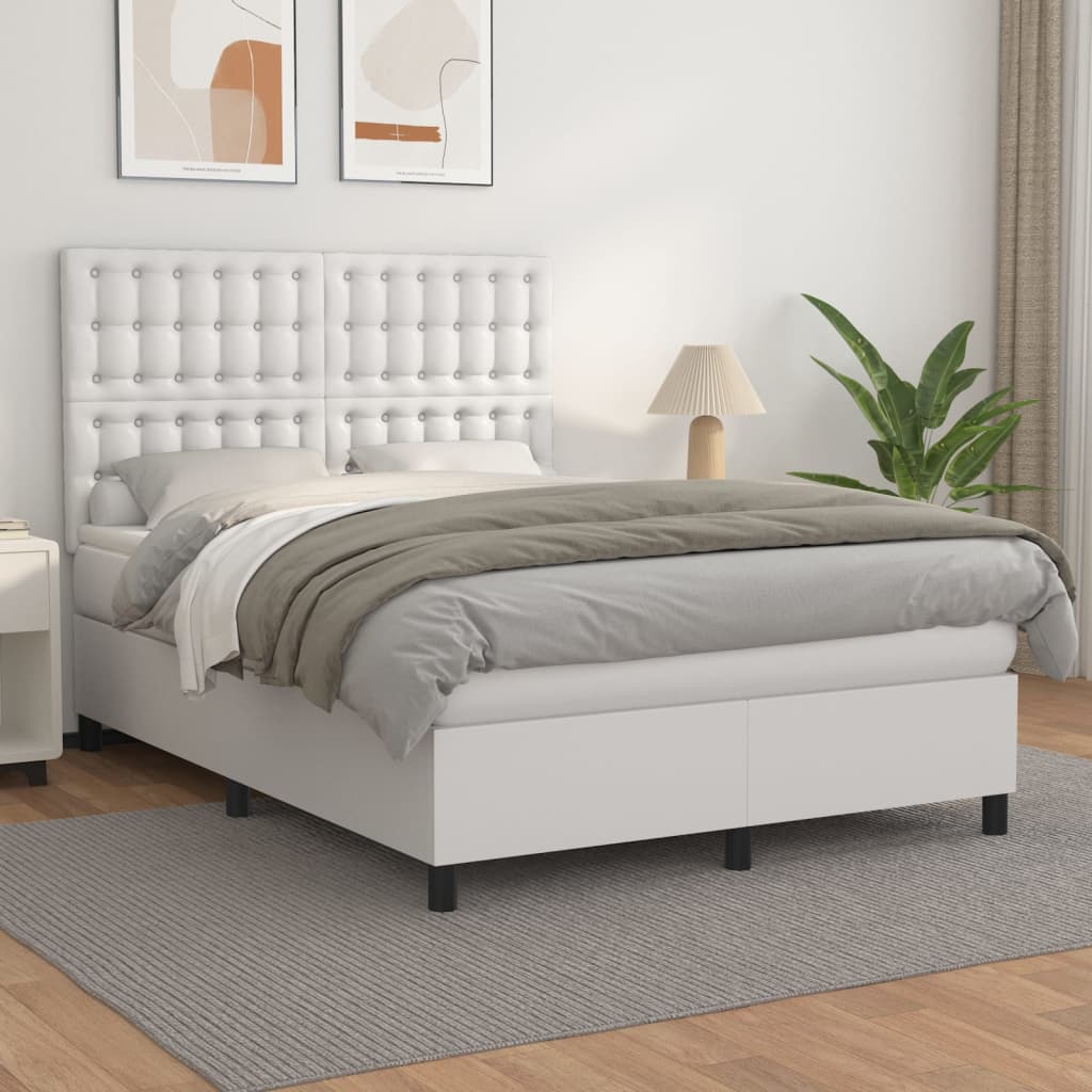 vidaXL Pat box spring cu saltea, alb, 140x190 cm, piele ecologică