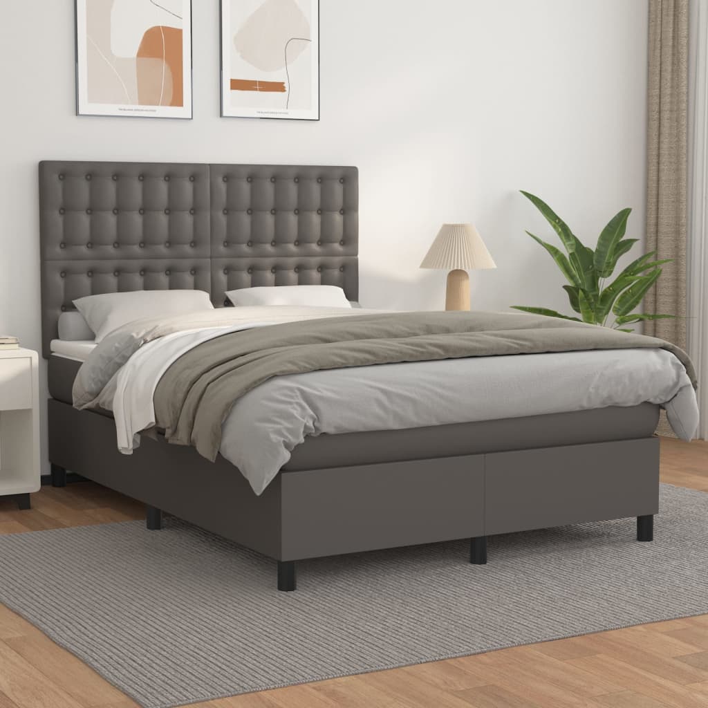 vidaXL Pat box spring cu saltea, gri, 140x190 cm, piele ecologică