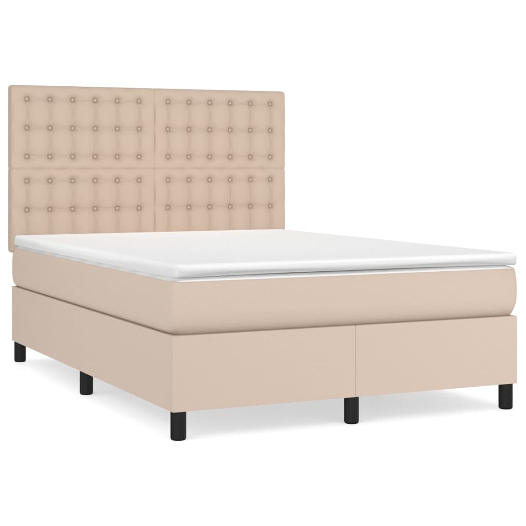 vidaXL Pat box spring cu saltea, cappuccino, 140x190cm piele ecologică