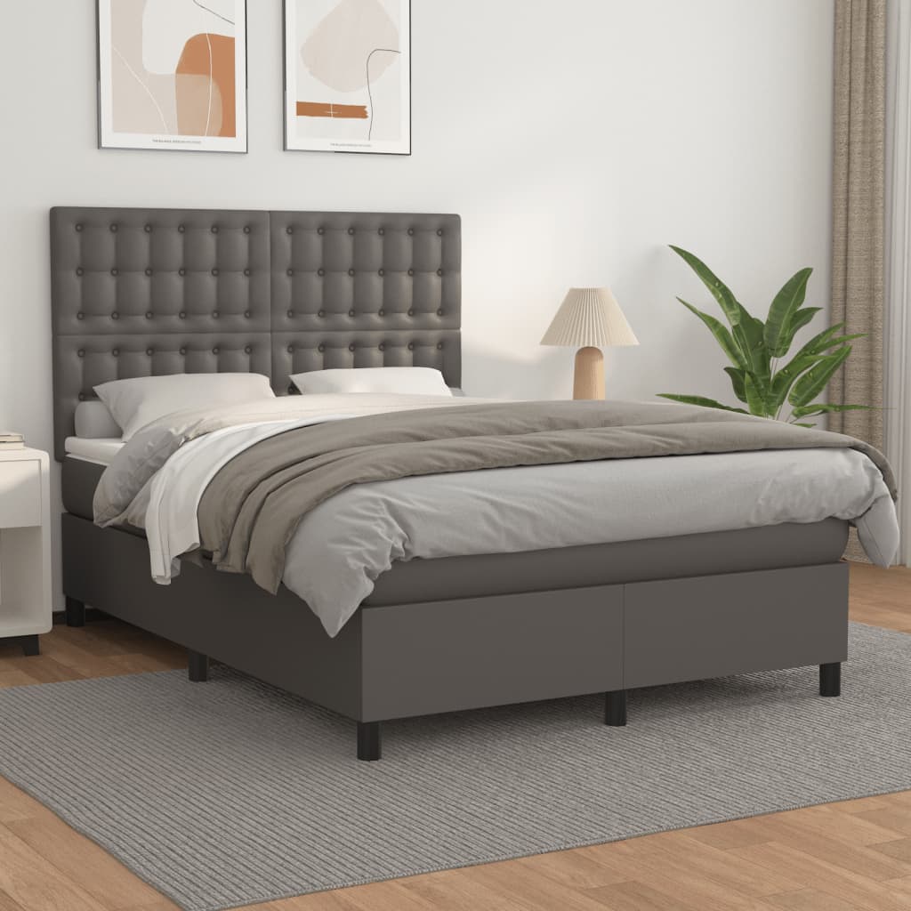 vidaXL Pat box spring cu saltea, gri, 140x200 cm, piele ecologică