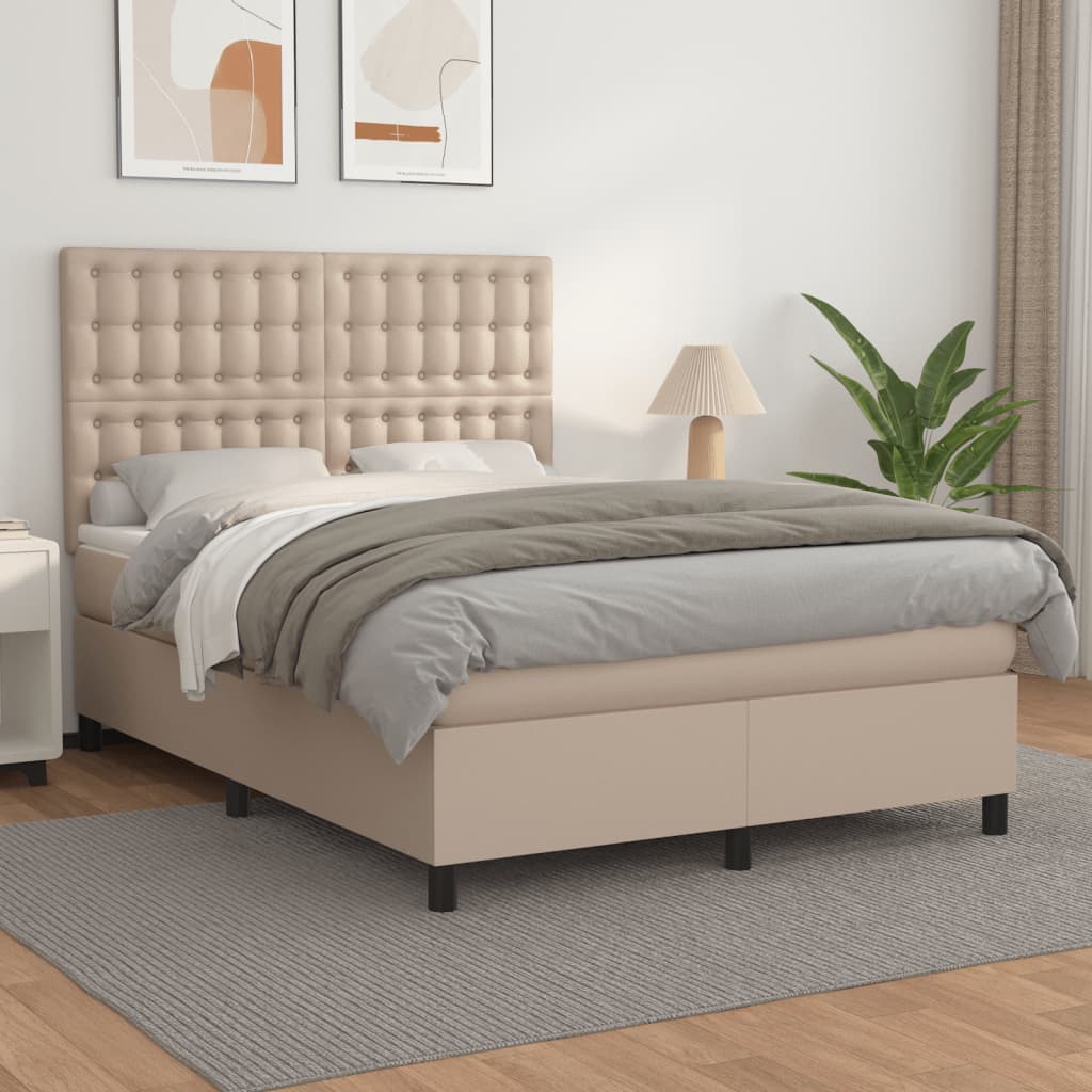 vidaXL Pat box spring cu saltea, cappuccino, 140x200cm piele ecologică