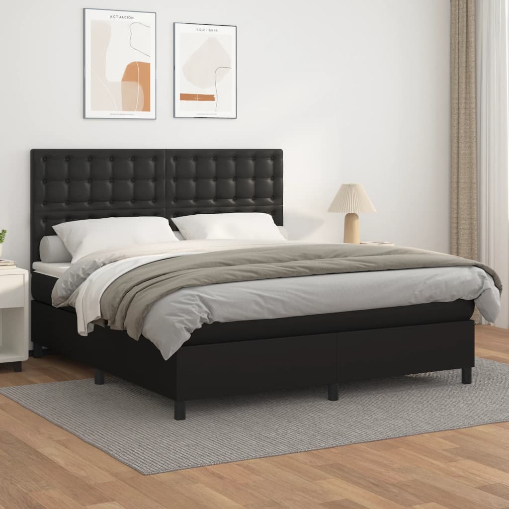 fekete műbőr rugós ágy matraccal 160 x 200 cm