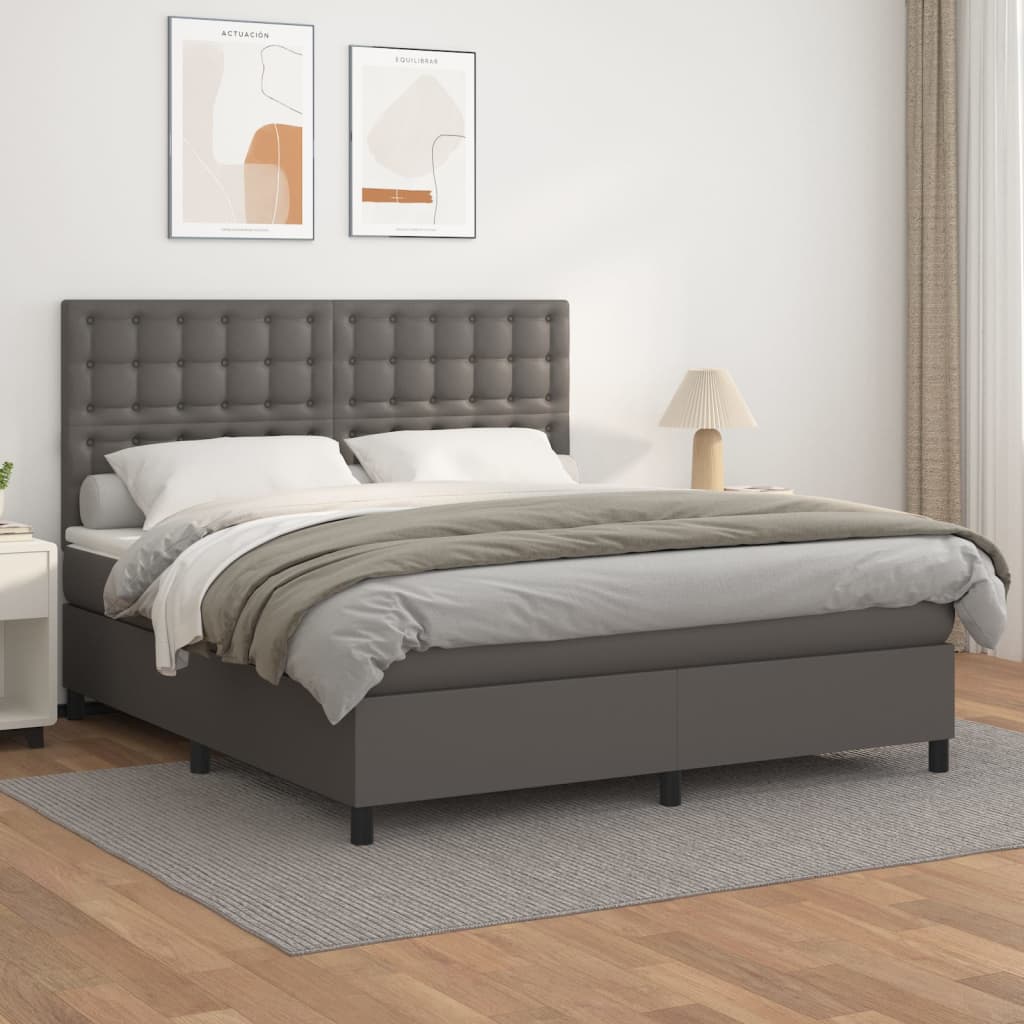 vidaXL Pat box spring cu saltea, gri, 160x200 cm, piele ecologică