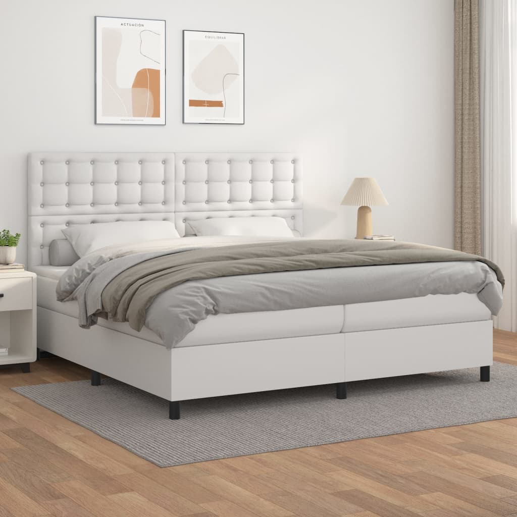 vidaXL Pat box spring cu saltea, alb, 200x200 cm, piele ecologică