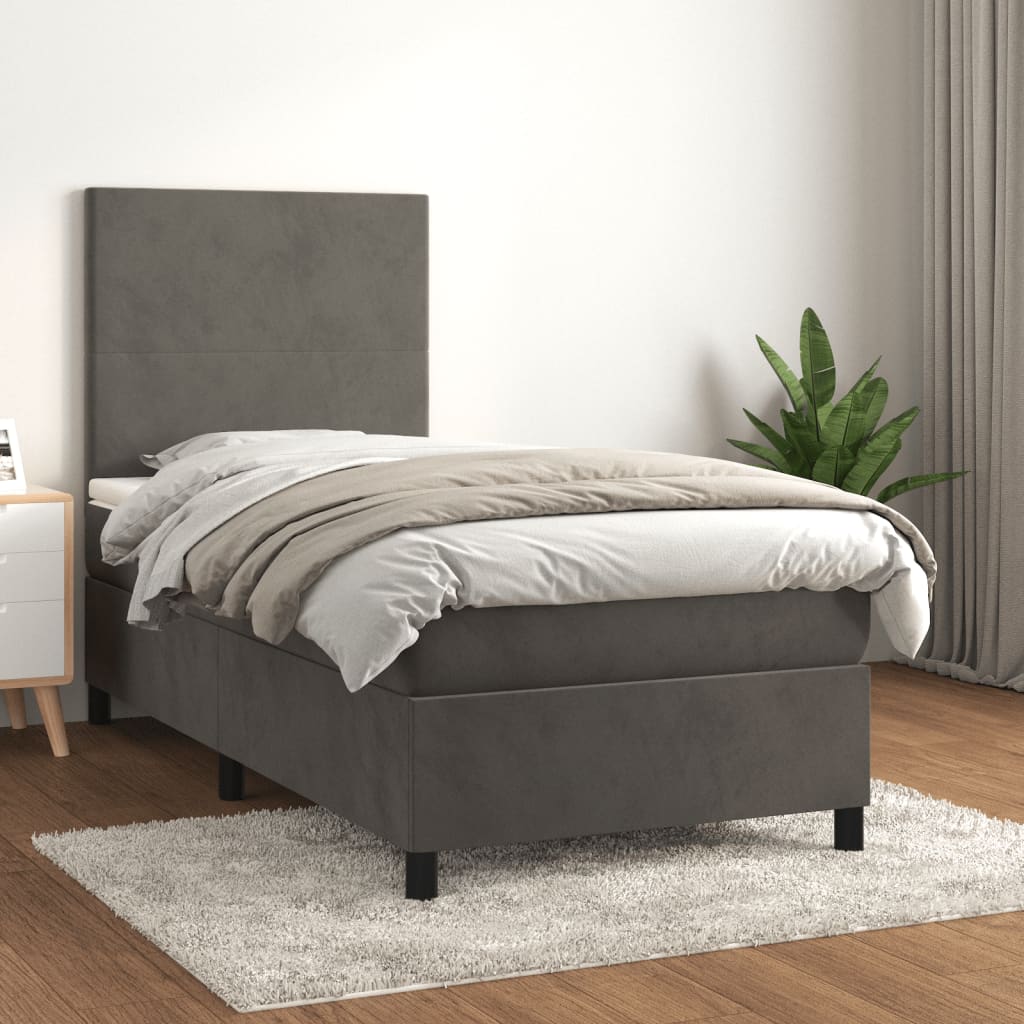 vidaXL Pat box spring cu saltea, gri închis, 90x190 cm, catifea