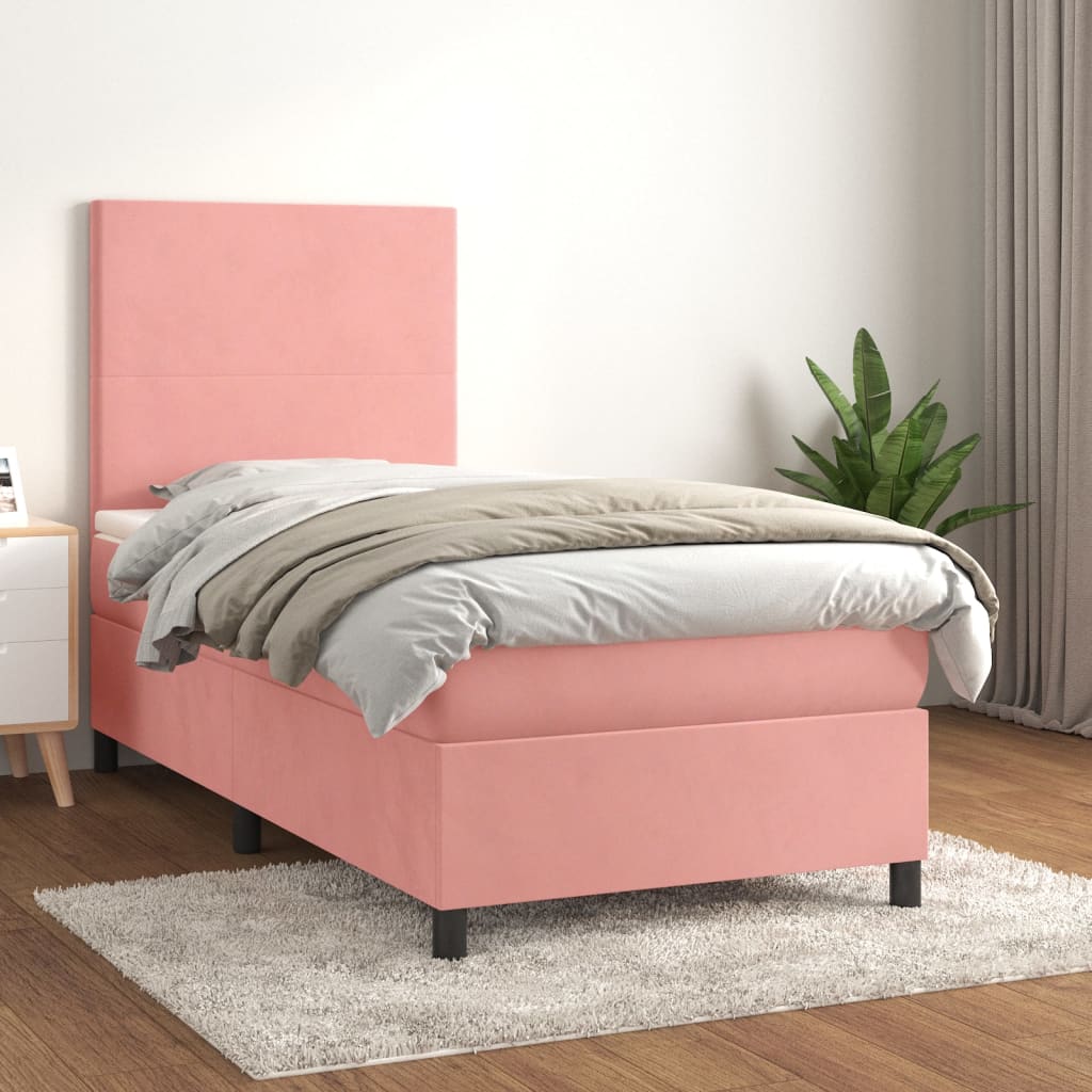 vidaXL Pat box spring cu saltea, roz, 90x200 cm, catifea