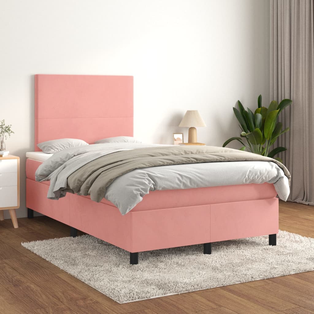 Pat box spring cu saltea, roz, 120x200 cm, catifea