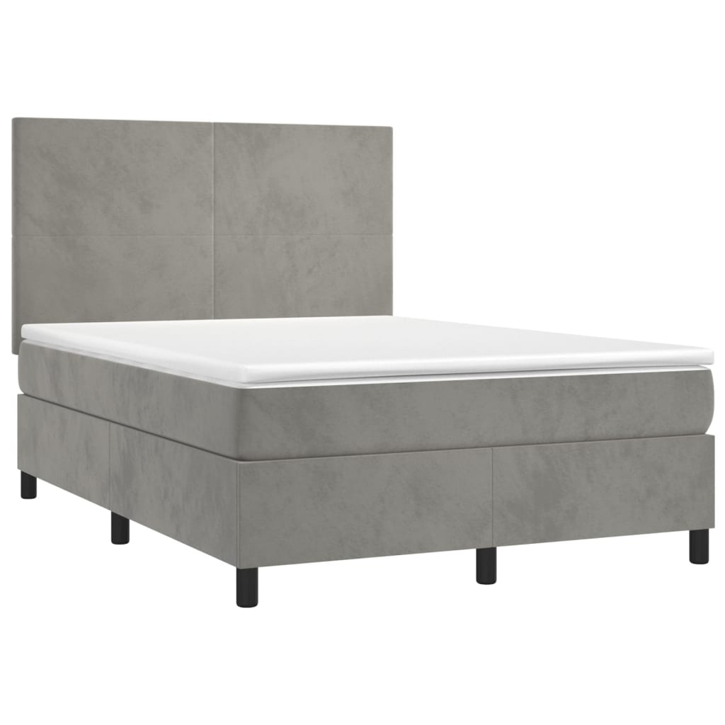 Pat box spring cu saltea, gri deschis, 140x190 cm, catifea